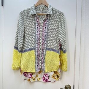 Aratta Silent Journey Womens Embroidered Blouse Sz M Patchwork Floral Birds